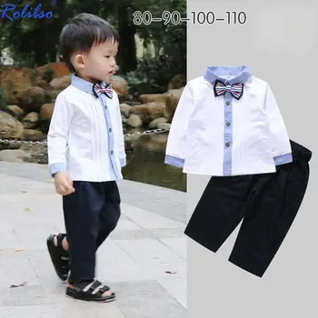

2018 kids Long sleeves cotton top+pants 2 pcs boys suit children boys clothing set gentleman with bow fashion clothes set
