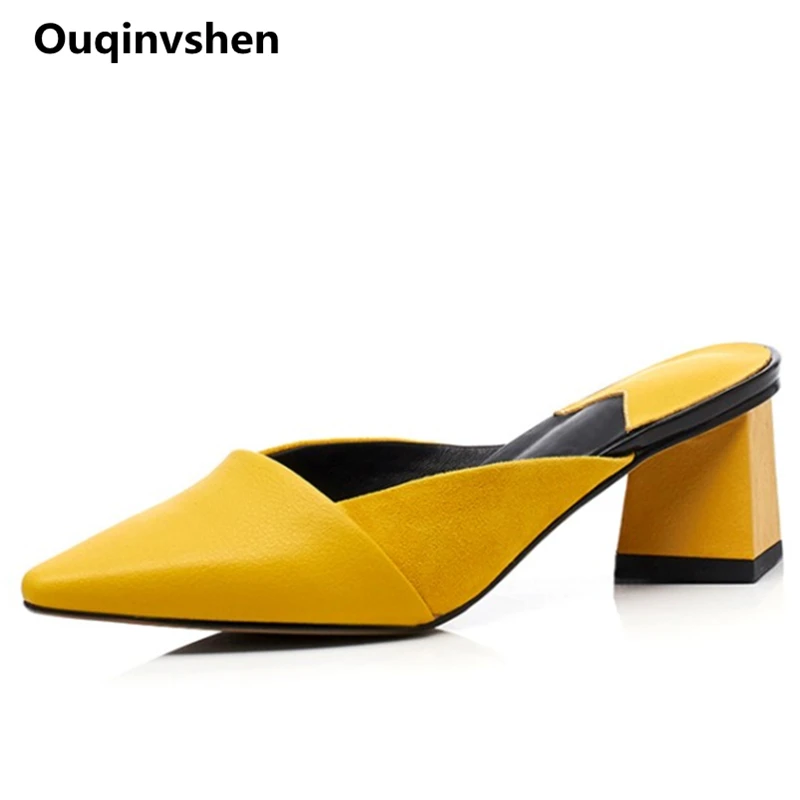 

Ouqinvshen Strange Style Mules Shoes Women Off White Genuine Leather Fashion Summer Yellow Shoes Pointed Toe Women Slippers