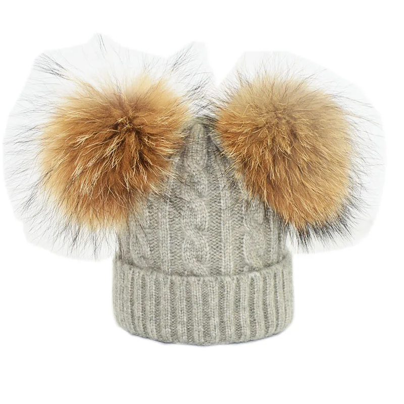 pom double fur pom hat Baby Toddler Kid Knitted Pom Warm Real Pom Hat Winter