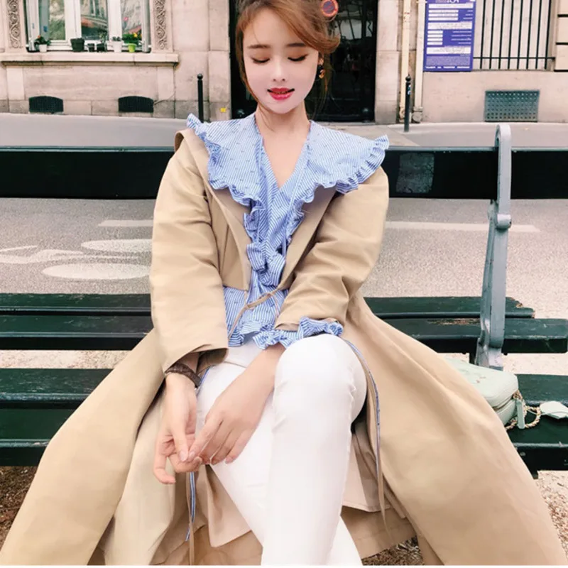 

DEAT 2019 Autumn New Fashion Quality Clothing Khaki Lapel Tie Waist Slim Mid-length Loose Trench Coat WI306