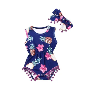 

2019 Infant Baby Girls Clothes Flowers Pineapple Print 2Pcs Sets Sleeveless Tassels Tank Romper+Headband Baby Girl Outfits 0-24M