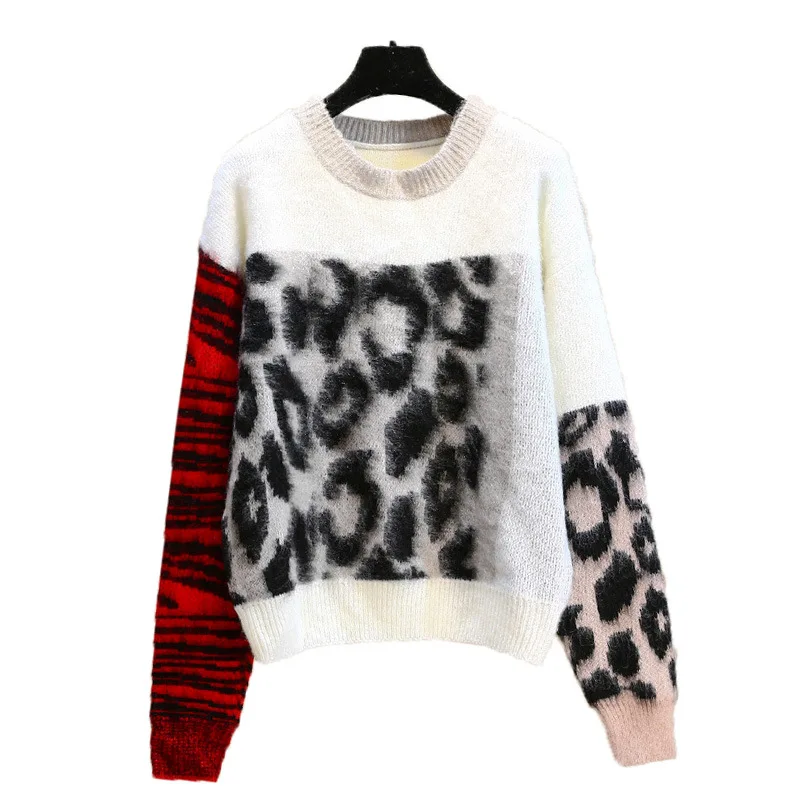 

2018 new color stitching color leopard sweater knit round neck sleeve two-color sleeves loose mohair tops women lazy retro