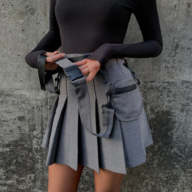 Женская Новинка года, плиссированная трапециевидная опрятная мини-юбка с завышенной талией и карманом, Женская юбка юбки черного и серого цвета XS S M L