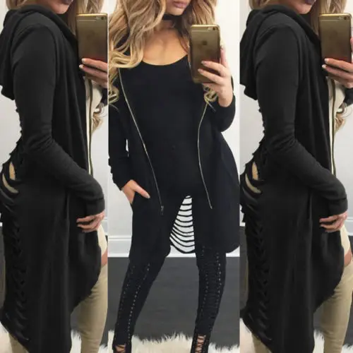 Women-039-s-Cut-Out-Back-Hooded-Hoodie-Midi-Long-Cardigan-Trench-Coat-Zip-Up-Tops