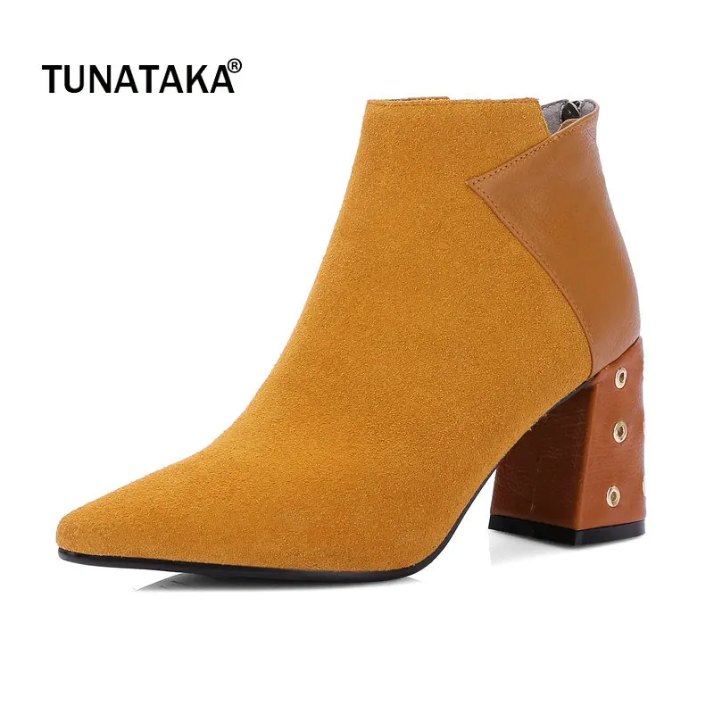 

Suede Hoof High Heel Pointed Toe Woman Ankle Boots Fashion Back Zipper Dress Ladies Boots Black Yellow