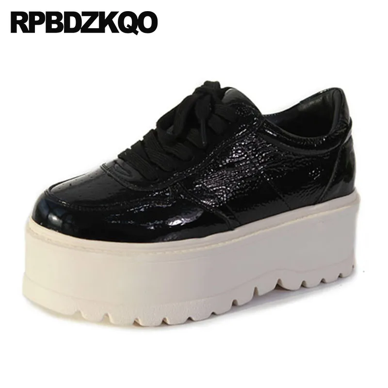 

lace up patent leather black elevator creepers platform shoes women slip resistant round toe muffin british style thick sole