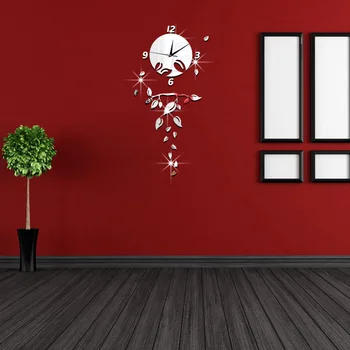 

DIY Home Decoration fashion Mirror wall sticker living room Silent Deciduous wall clock Acrylic wallpaper free shipping