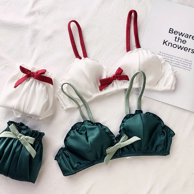 

women silk sexy bralette panties sleepwear bra set wireless lingerie young ladies underwear fashion triangle thin pad intimates