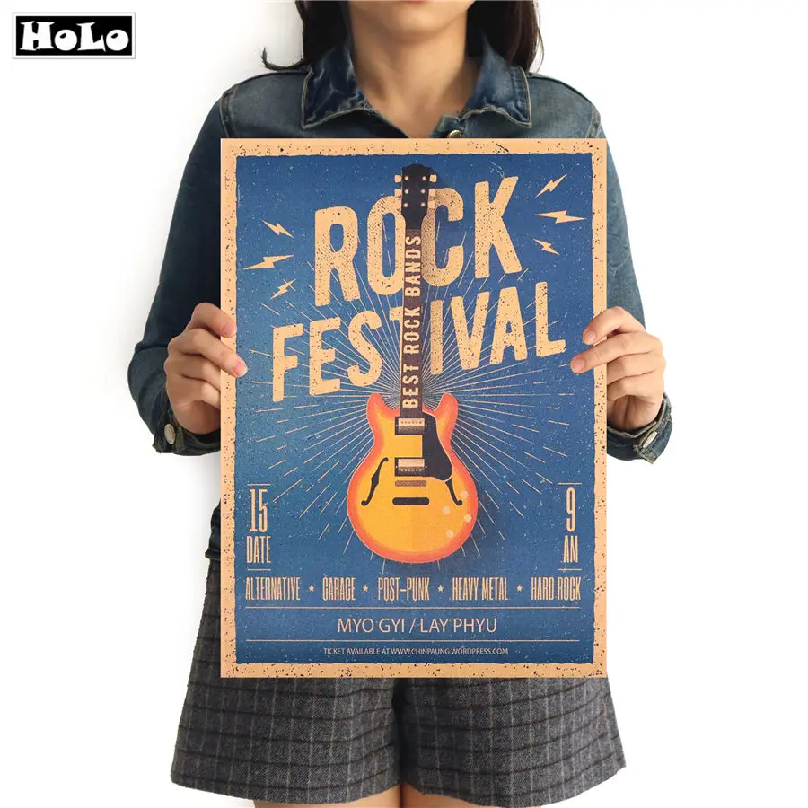

guitar music rock Vintage Paper kraft poster Bar Home Decor Retro Print Kraft Paper Painting retro wall sticker 42x20cm