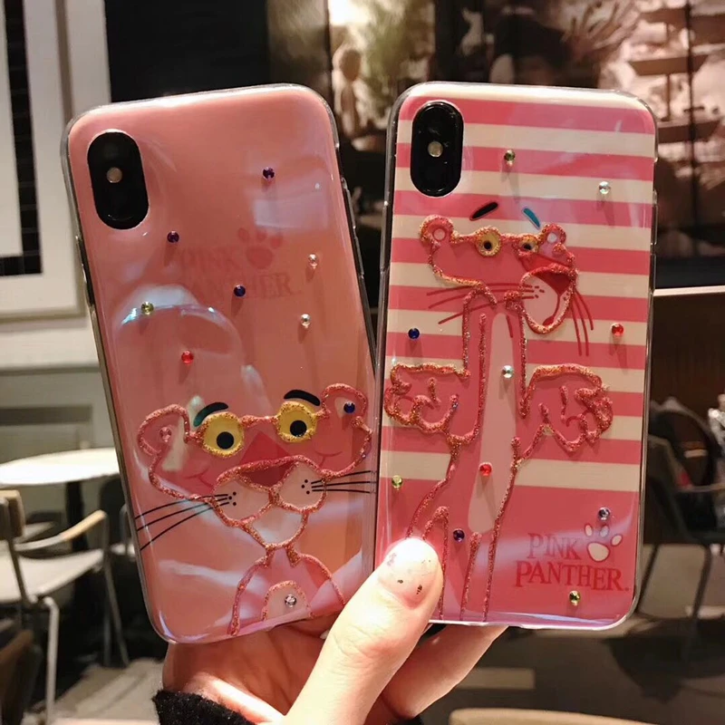 

Blu-ray flash diamond cute luxury pink panther soft cover case for iphone 6 6Plus 7 7 plus 8 8Plus X phone cases