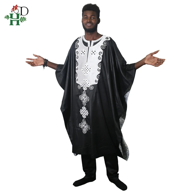 H& D africa men dashiki bazin riche костюмы Топы рубашка брюки 3 шт набор вышивка черный белый африканская мужская одежда халат