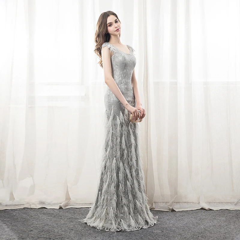 Серое роскошное кружевное платье с рукавами крылышками страуса Vestidos De Festa