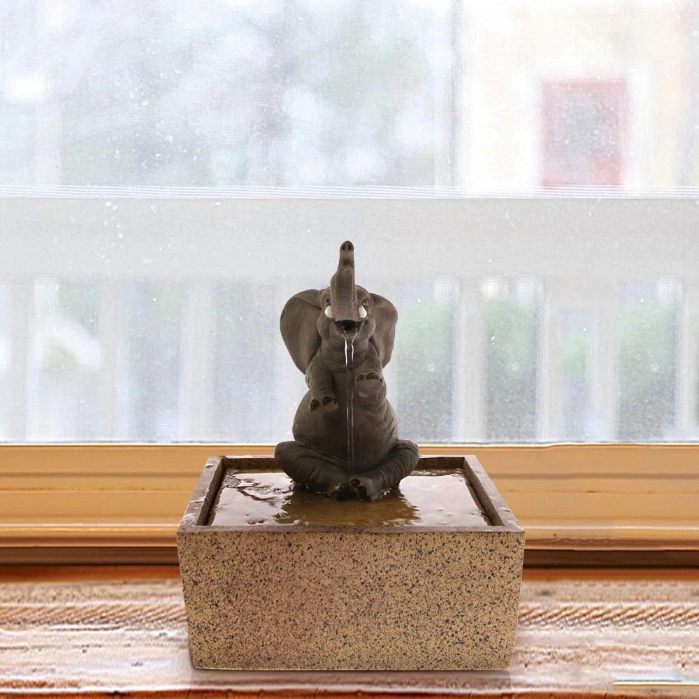 sitting elephant tabletop water fountain decorative sculpture kid