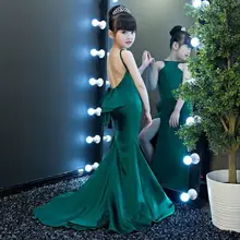 Привлекательный комплект зелёного цвета с лямкой на шее платье для девочки, детская одежда подиум для моделей Тонкий Русалка вечернее платье для выступления на сцене Modis детская одежда, одежда Y1112