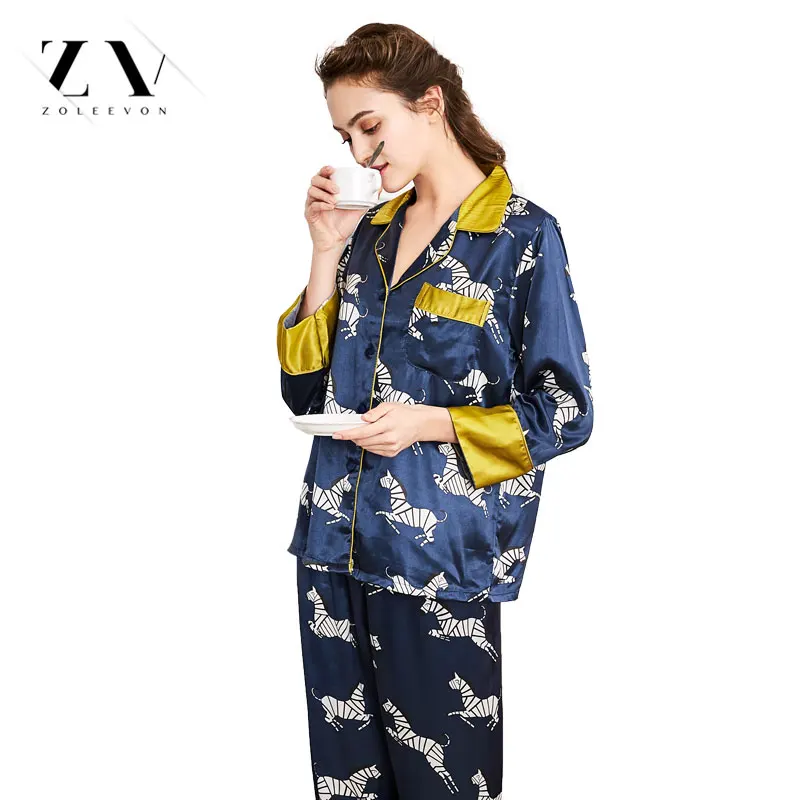 Женская домашняя одежда с длинным рукавом пижамы для женщин животных из двух частей шелковые пижамы атласная пижама комплект Шелковый