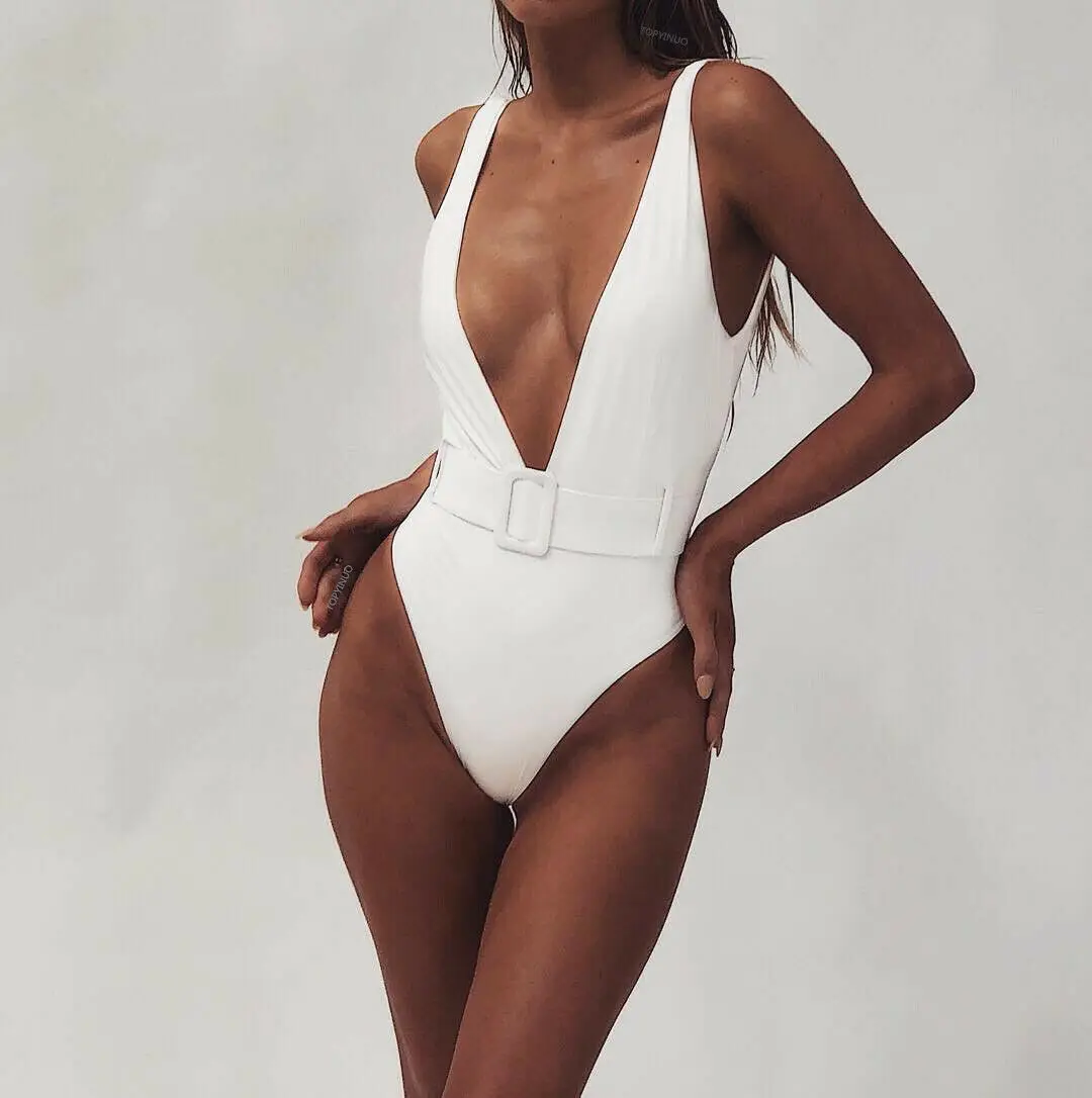 

IMCUTE Women Sexy One Piece Deep V Neck Swimsuit Pad Beachwear Belt Buckle Swimwear