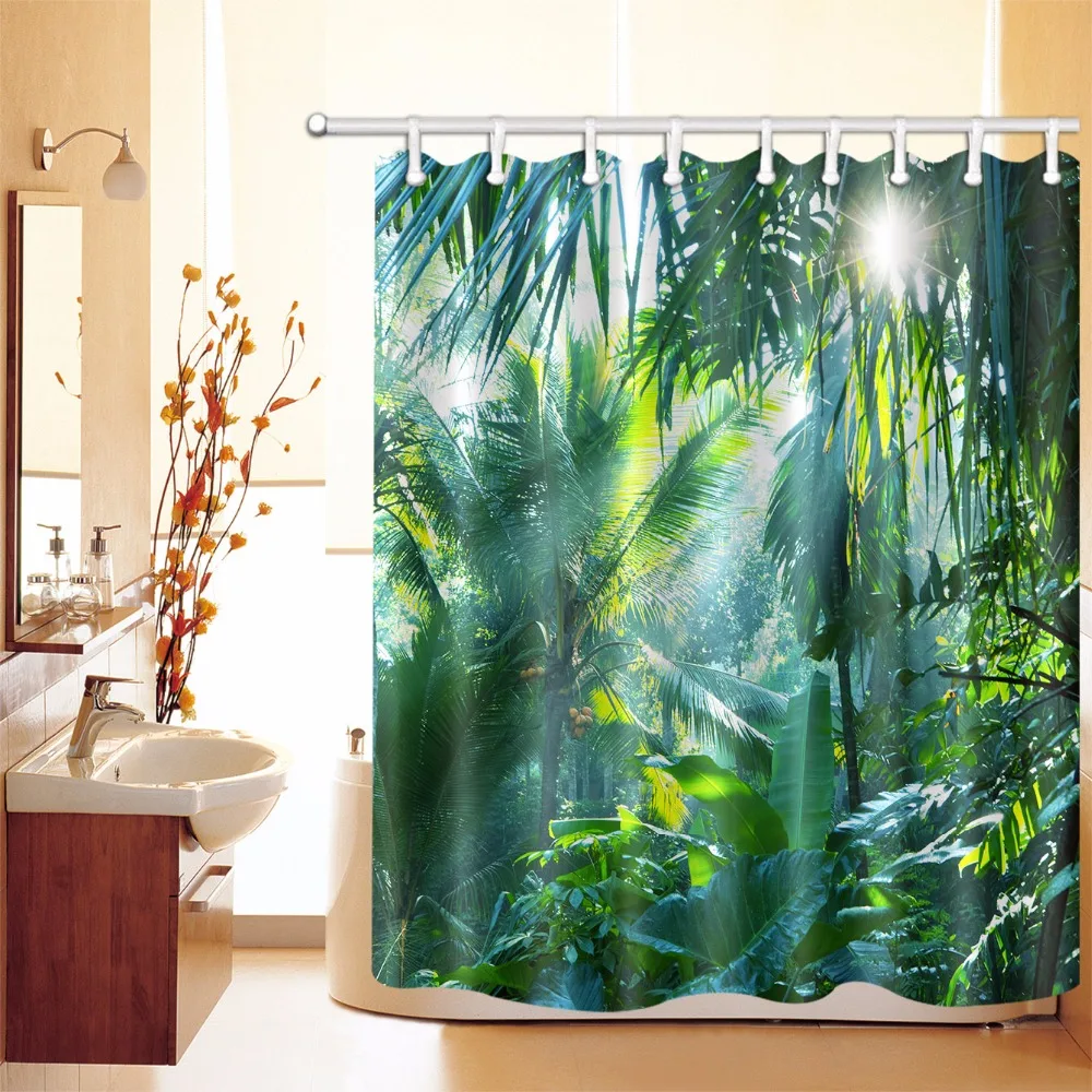 Washable Tropical Plants Banana Leaves Green Fabric Shower Curtain Waterproof