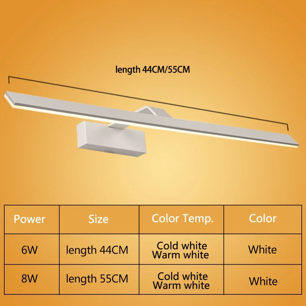 Минималистичный светодиодный светильник-зеркало, современный настенный светильник, бра, внутреннее освещение, светильник, декор 8 Вт 55 см, водонепроницаемый, для макияжа, мытья ванной комнаты