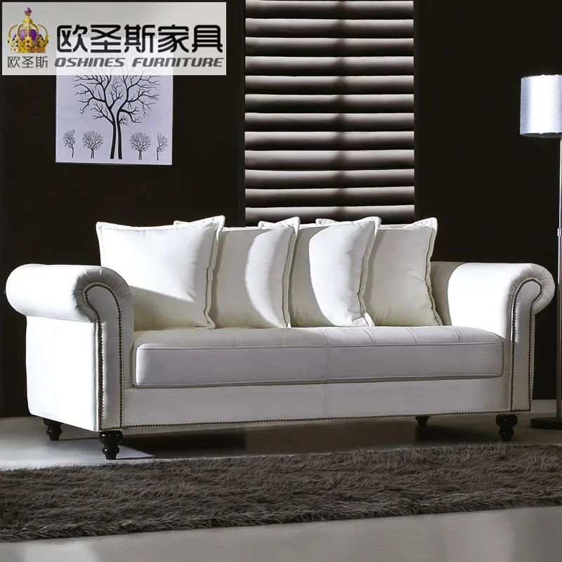 luxury classical american style pure white 8 seater office or home genuine leather sofa with fabric cushions and copper nail W86