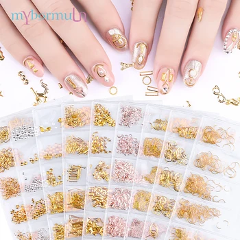 

MYBORMULA 1 Pack 6 grids Gold/Sliver/Rose Gold Metal Mix 3D Rhinestones Sequins Shiny Glitter Charm Gem Manicure Accessories