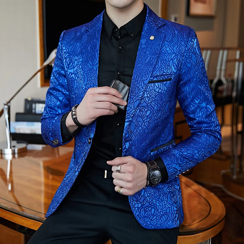 Azul real negro Promo para los hombres Rose Jaquard imprimir Slim Fit chaqueta elegante negocio Casual partido traje de boda CAPA