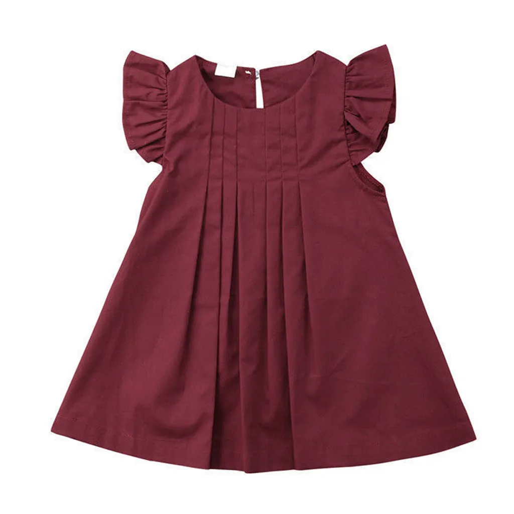 Дети для маленьких девочек Плиссированное однотонное платье с рукавами-крылышками и Винтаж платья принцессы, одежда - Цвет: Красный