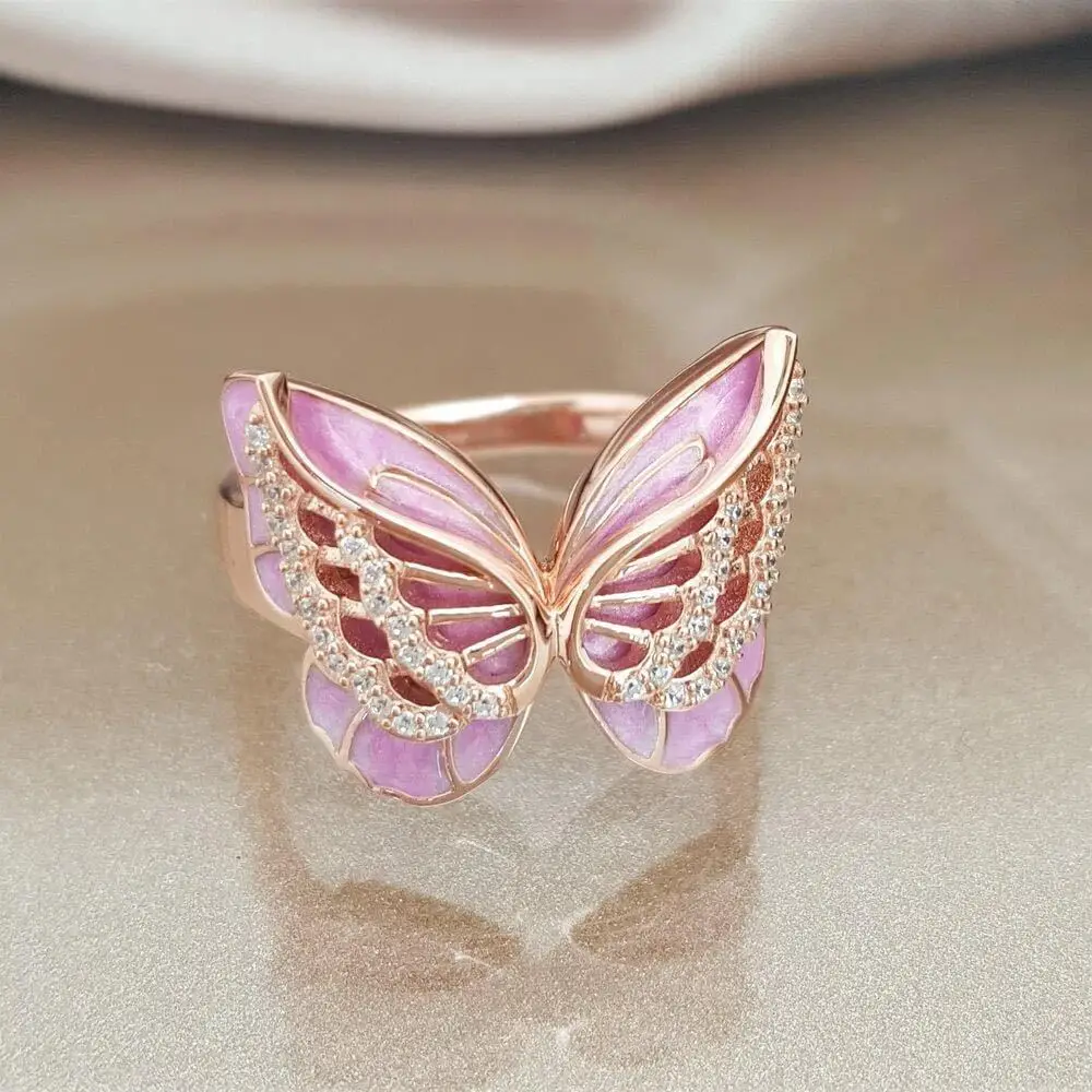 

Cute Pink Color Butterfly Crystal Wings Rings for Women Creative Animal Rings Love Jewelry Girls Trendy Wedding Party Rings