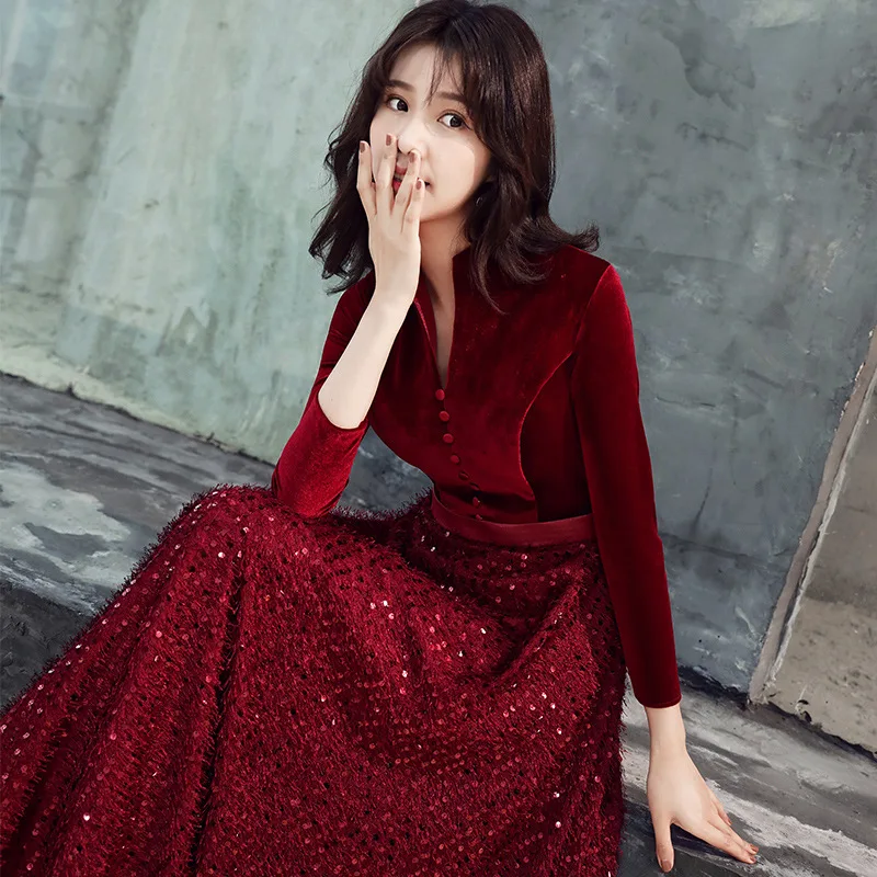

Burgundy Summer Dress Women Vintage Standing Collar Nine-point Sleeve Shining Sequined Maxi Dress Elegant Bride Long Party Dress