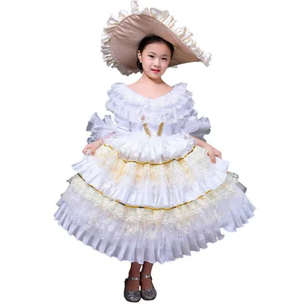 Белое платье с оборками для девочек, платье в стиле рококо, средневековое платье с шляпой, платье принцессы, платье для сцены, платье для косплея, Венеция, cos