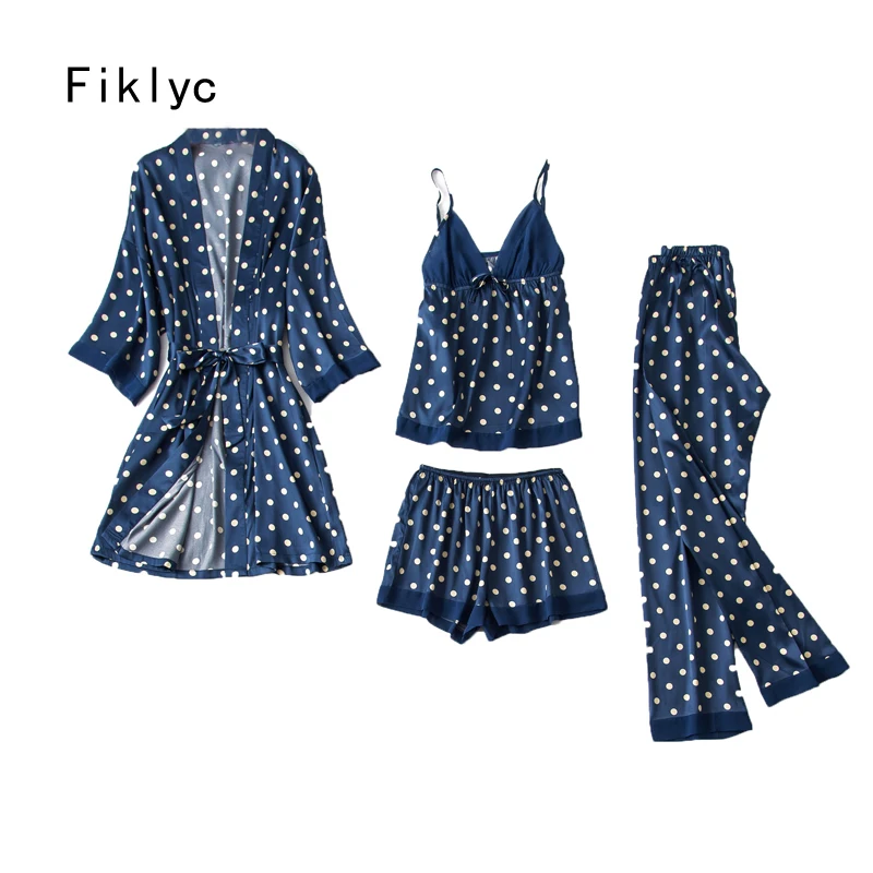 

Fiklyc underwear women's summer four-pieces pajamas sets with dot decoration fashion 2019 new design satin female sexy nightwear
