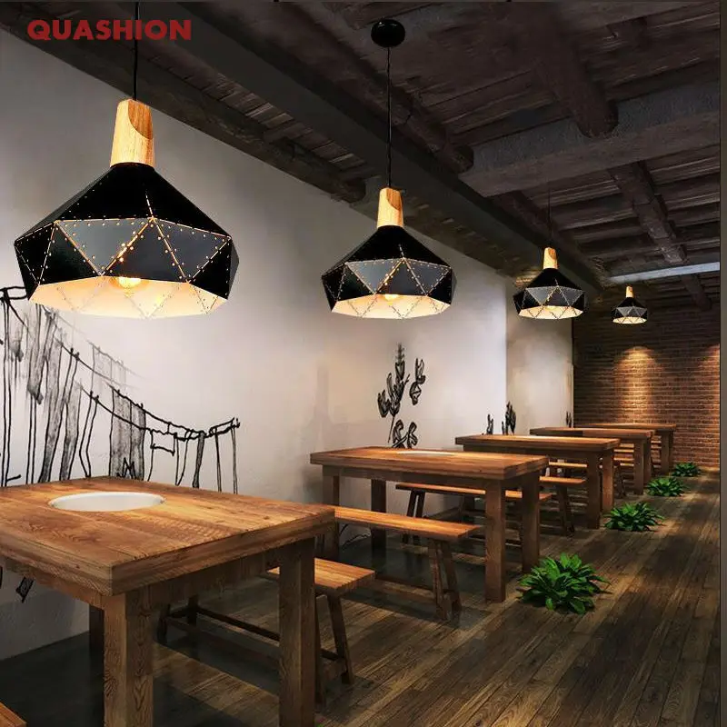 

Black white iron retro pendant lamps wood&metal diamond lampshade industrial hanging light cafe/dining/living room light fixtrue