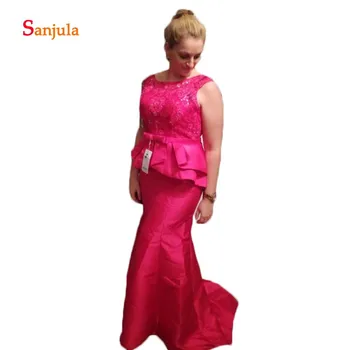 

Elegant Long Dress for Mother Mermaid Satin Formal Dress Fuchsia Mother of the Bride Dresses Lace Top Tieres Peplum D880