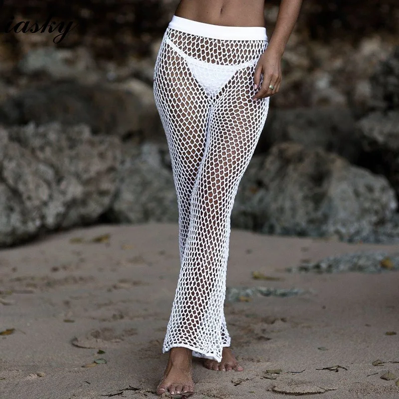 

IASKY Handmade Knitted fish Net beach pants 2018 New sexy Bikini Swimsuit cover ups Bathing Suit Beachwear cover up white black