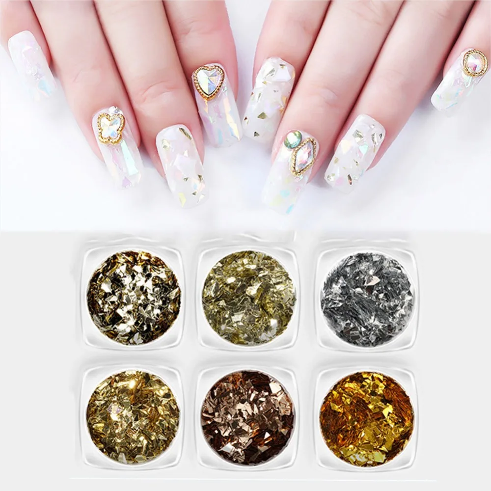 

6 Box/Kit Holographic Laser Nail Sequins Gold Silver Glitter Paillette Nail Art Flakes for Manicure Nail Tips Decoration #280820