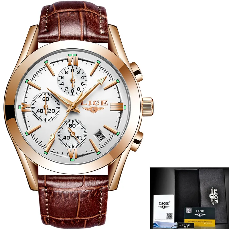 Relogio Masculino LIGE для мужчин s часы лучший бренд класса люкс мужская мода Бизнес водонепроницаемые кварцевые часы для мужчин повседневные кожаные часы - Цвет: Gold white L