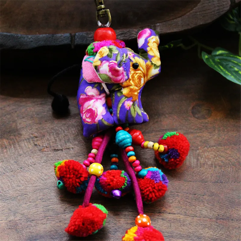 Таиланд стиль повесить украшения цветочные ткань брелок для ключей со слоном Красочные шерстяные шары дерево бисером кулон миноритарные ювелирные изделия