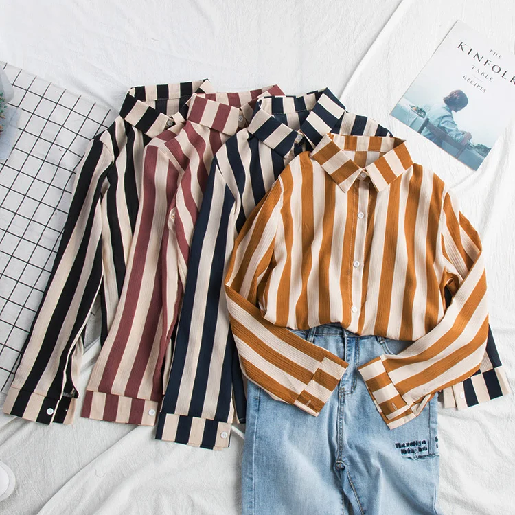 

Mooirue Stripe Chiffon Blouse Summer Spring 2019 Office Lady Streetwear Long Student Loose Stripes Shirt Feminina Tops Cardigan