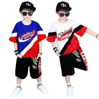 

Big Boy's Summer Set Letters Print Color Patchwork Loose Fit T-shirts and Shorts 2PCS Clothing Sets Fashion Street Dancer Sets