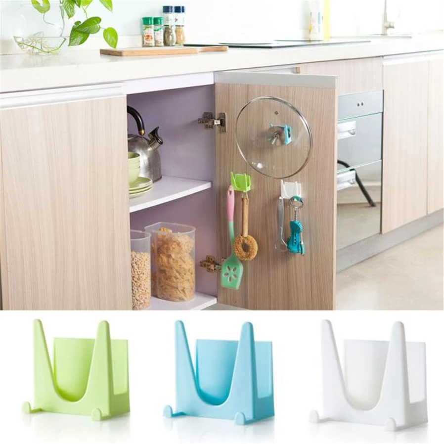 

E5 Plastic Kitchen Pot Pan Cover Shell Cover Sucker Tool Bracket Storage Rack jul24