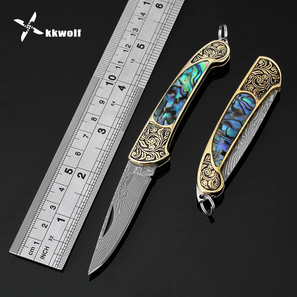 Online Cuchillo plegable de acero KKWOLF Damasco, cuchillo de bolsillo portátil para acampar, cuchillos tácticos de supervivencia, mango de concha de abulón colorido EDC