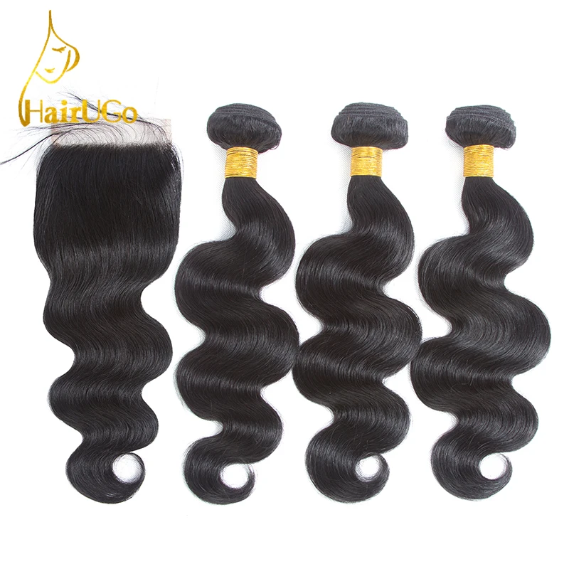 HairUGo Brazilian Hair Pre-colored Hair with Closure Body Wave 100% Human Hair 3 Bundles With Closure Nature Black Color brazilian-body-wave-closure