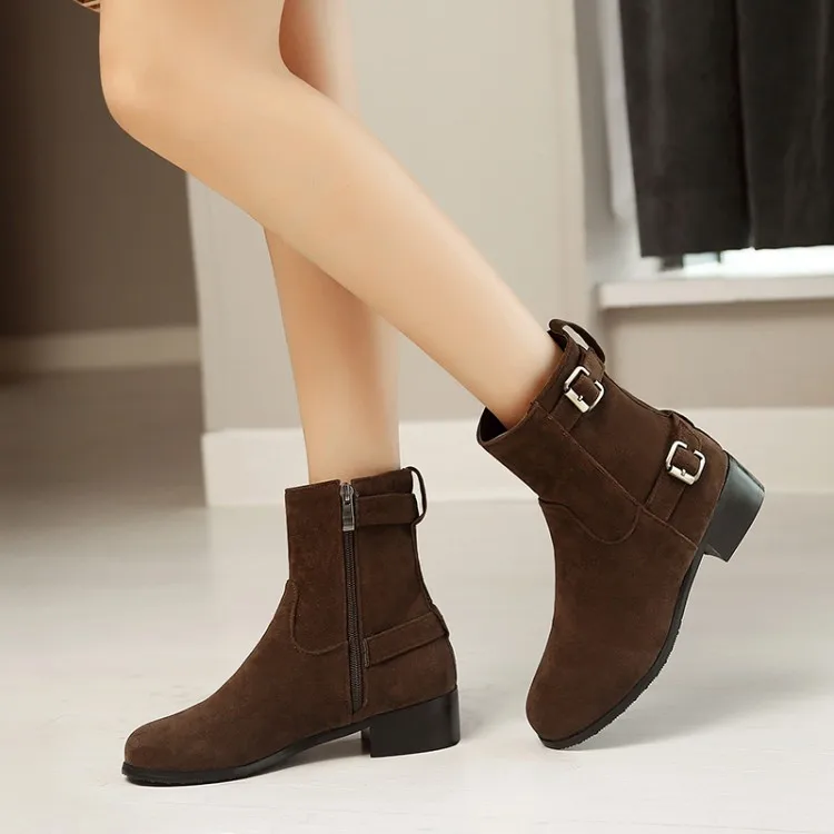 

Big Size 11 12 13 14 15 European and American style round head square heel side zipper belt buckle boots leisure