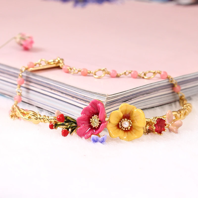 France Winter Garden Series Pink Colour Herbaceous Gold Pearl Bracelet Charm Bracelet Woman Enamel Jewelry