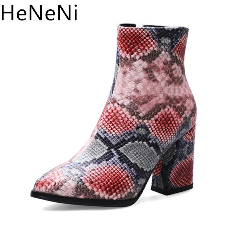 

European style Printed snakeskin Ankle boots Woman Martin Boots pointed toe Autumn Winter Female Shoes botas zapatos de mujer