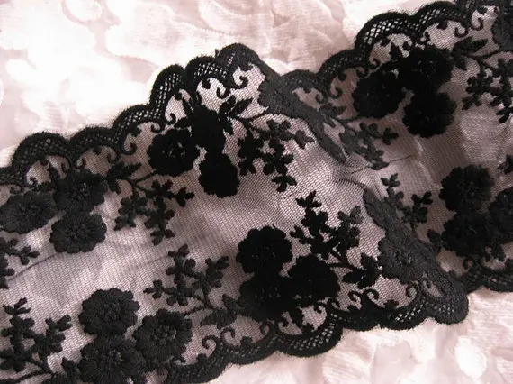 

Black Cotton Lace Trim, embroidered flowers lace trim, daisy floral trim lace 2 yards