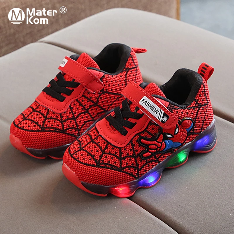 Size21-30 светодиодный светящийся Человек-паук; детская обувь для мальчиков и девочек; легкие детские светящиеся сникерсы; сетчатая спортивная легкая обувь для мальчиков и девочек