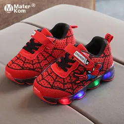 Size21-30 светодиодный светящийся Человек-паук; детская обувь для мальчиков и девочек; легкие детские светящиеся сникерсы; сетчатая спортивная