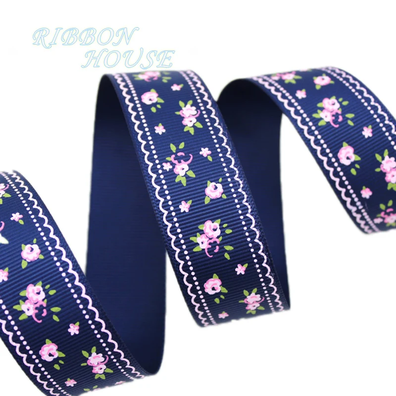 

(5 yards/lot) Deep Blue grosgrain ribbon printed lovely floral series ribbons