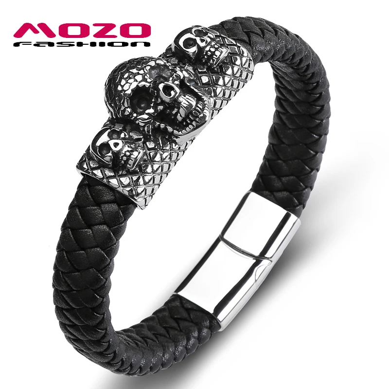 

MOZO FASHION Men 2020 Skull Bracelet Leather Stainless Steel Simple Bracelets Man Grid Collocation Punk Cuff HOT Jewelry 148