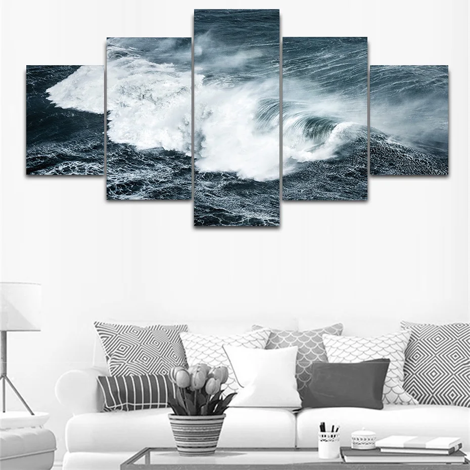 

Rushing waves seascape 5 pieces canvas painting wall poster HD prints living room bedroom decor modular wall picture art murals